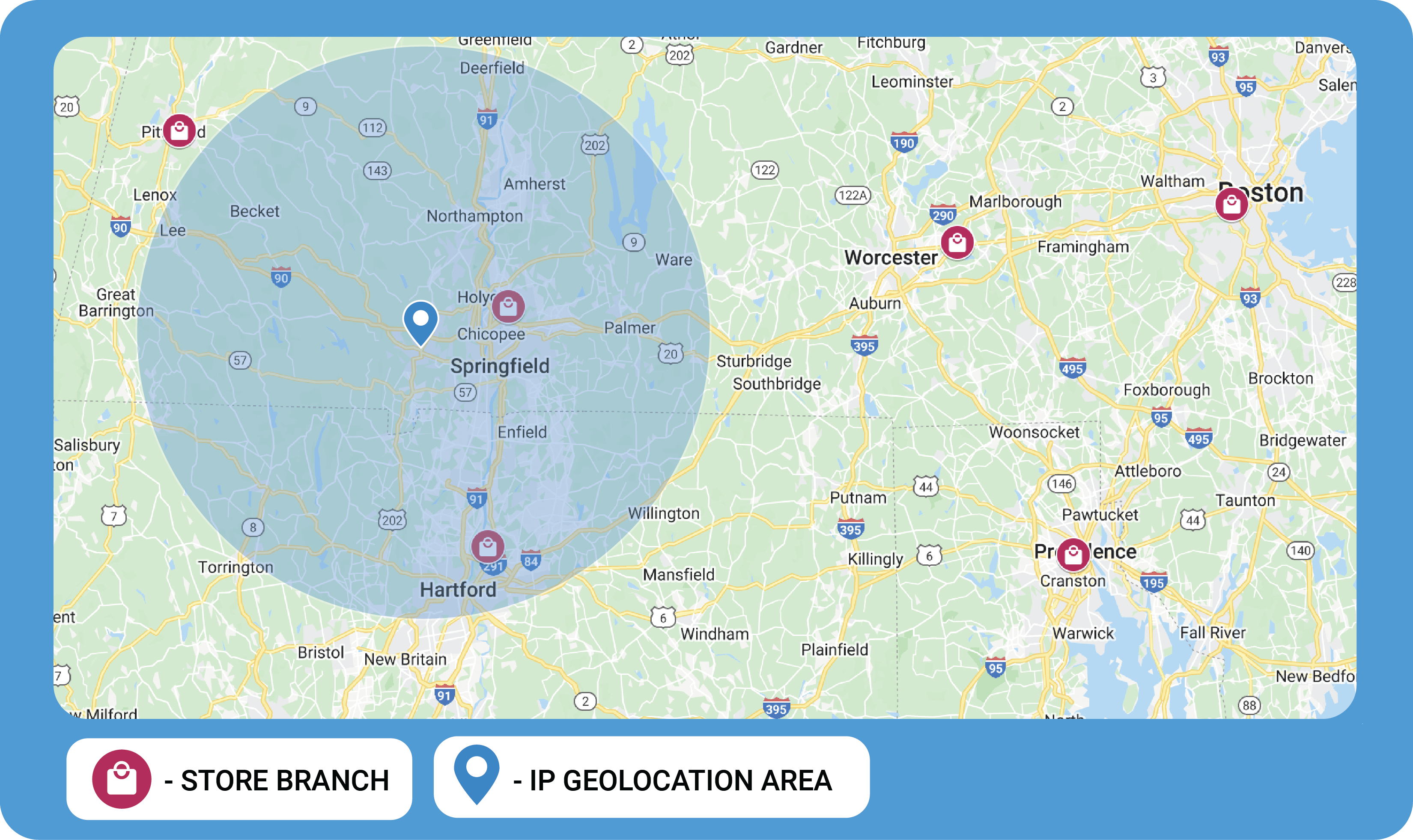 This map has the store branches marked, but instead of an IP geolocation pointthere is a circle with a radius of 50 kilometers marked on the map, centeredaround the IP geolocation point. Two different store branches fall inside ofthis circle, the one in Chicopee mentioned above, but also a store nearly 50kilometers to the south, located in Hartford. There’s also a store a littlemore than 50 kilometers to the north-west, in Pittsfield, just outside the IPgeolocation area.