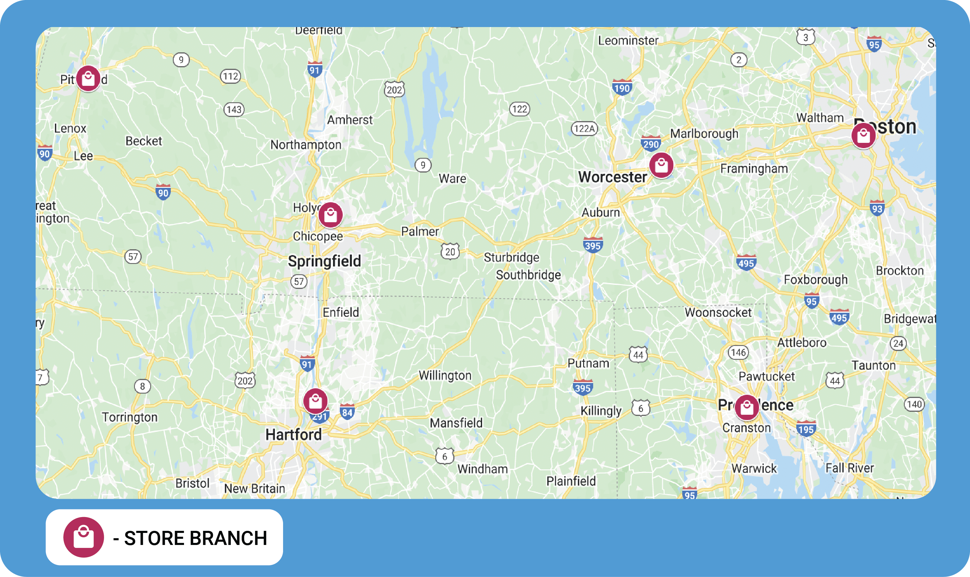 A map of part of Massachusetts with several retail locationsmarked.