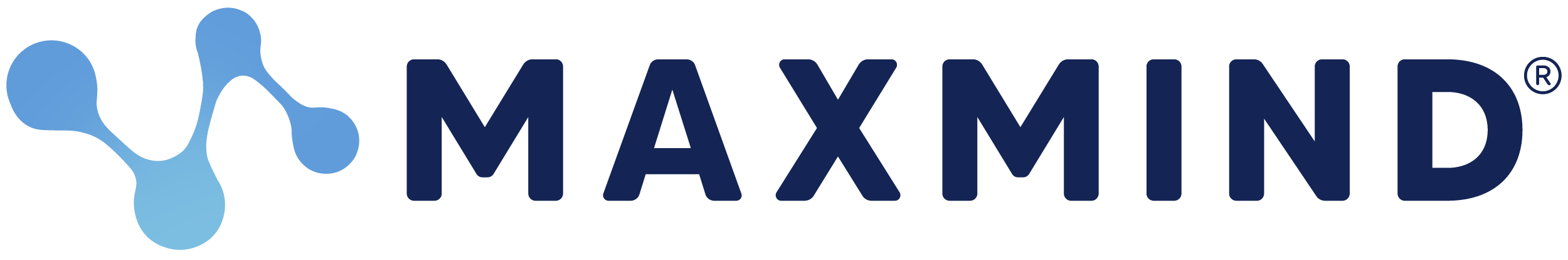 The MaxMind logo is the word MAXMIND, all in capitals, in a dark blue, bold,sans serif font with softened edges. There’s a logomark before the text, a setof four dots connected by lines in a stylized M with a gradient between twolighter blues.